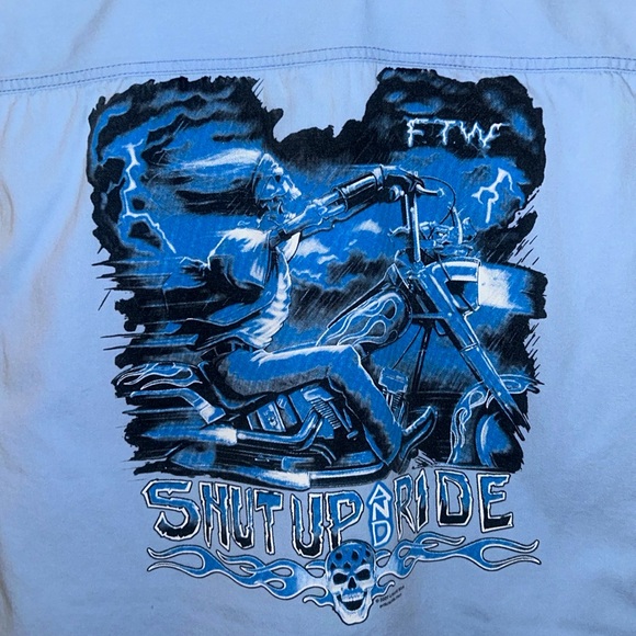 TWO MENS L BIKER SHIRT π WITH CUT OFF SLEEVES ONE YELLOW AND ONE BLUE - Picture 3 of 4